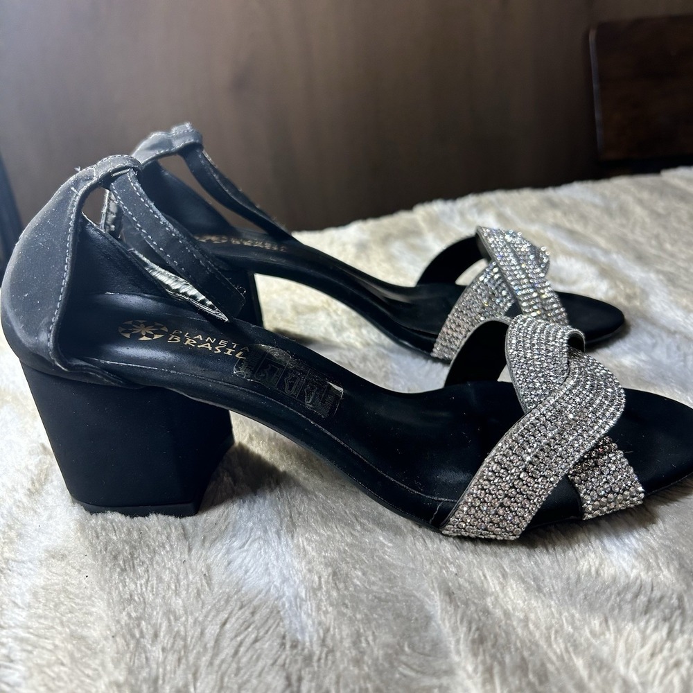 Planeta Brasil Women Black Rhinestone Block Heel Ankle Strap Sandals Size 37 6.5 - Picture 2 of 11
